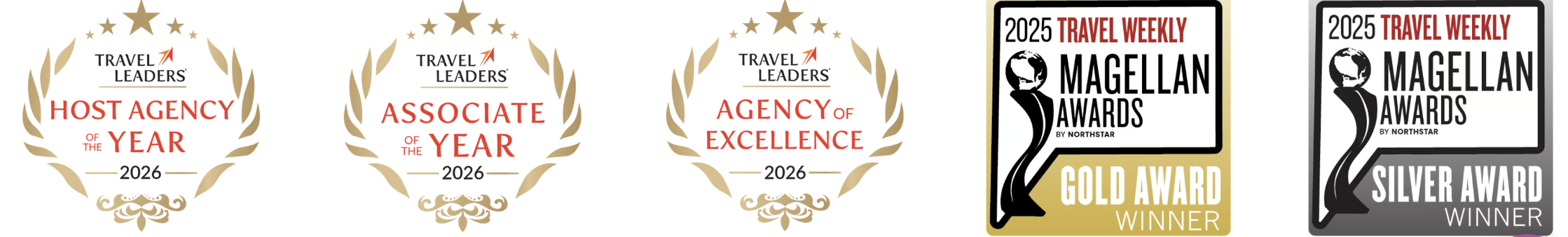 Travel Leaders Host Agency of the Year 2026, Associate of the Year 2026, and Agency of Excellence 2026; 2025 Travel Weekly Magellan Awards Gold and Silver Award Winner